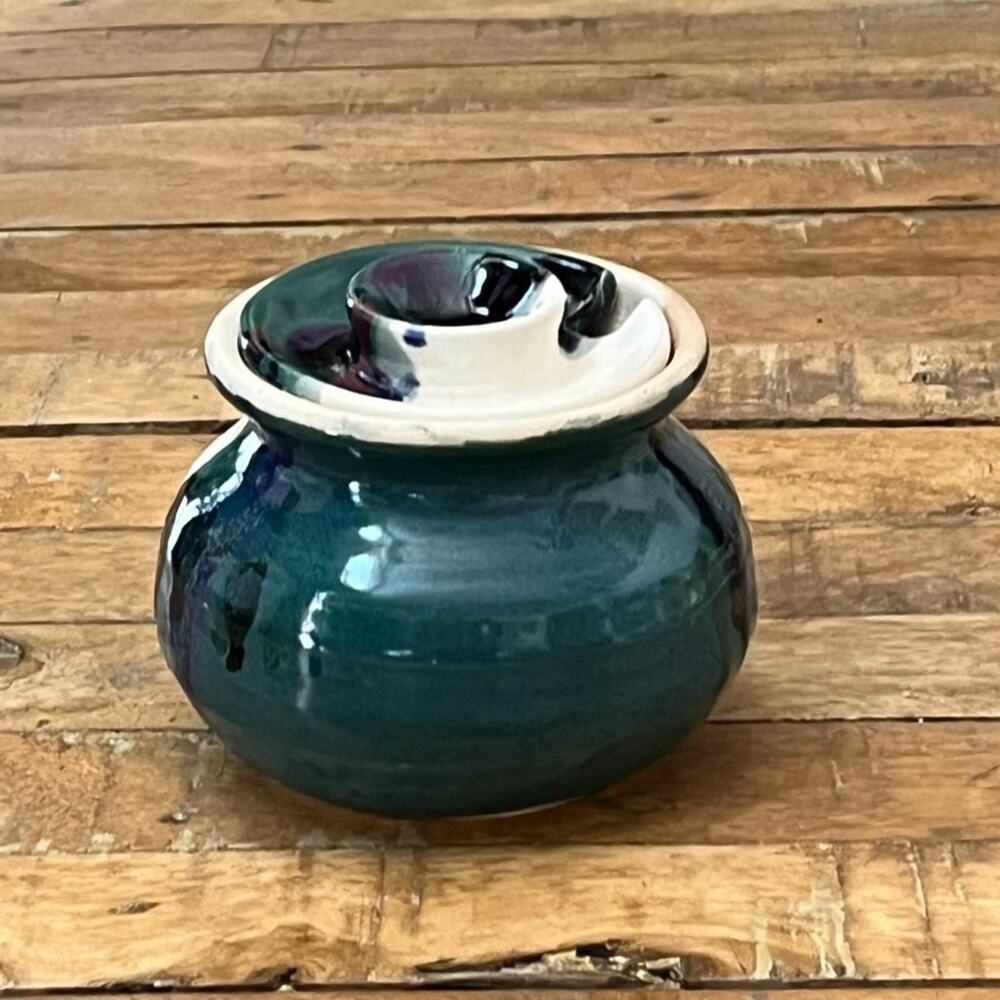 Studio Pottery Lidded Honey Jar 3.5" Stoneware Green White Drip Glaze Signed